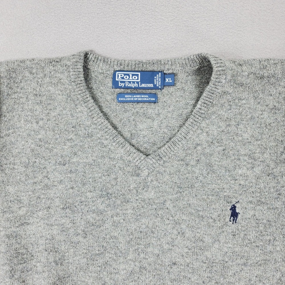 Polo Ralph Lauren Sweater Mens XL Gray V-Neck 100% Lambswool Knit Pony Logo